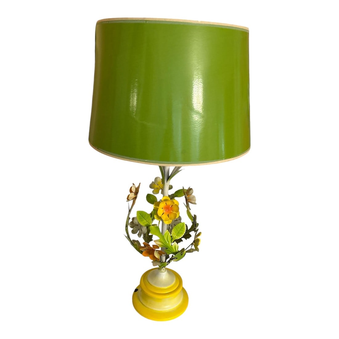 1960's Floral Tole Table Lamp: Fabulous vintage floral lamp. Metal flowers in bright yellows , oranges and greens make this fun retro lamp. It is tall and has a wonderful ball shape to the floral part. Condition: Alterations: Unkno