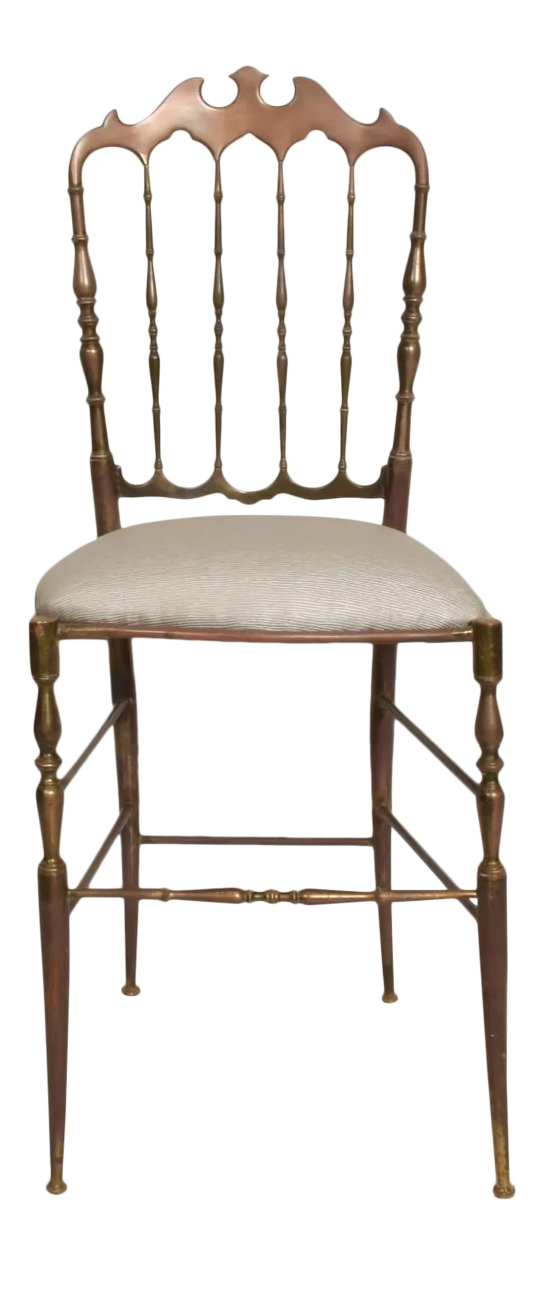 1950s Chiavari Chair in Bronze Italy: AMBIANIC presents 1950s Chiavari Chair in Bronze Italy patinated bronze sophisticated upholstery in light gray. 36 H x 15 W x 14 D Seat 19.75H inches Original Unrestored Vintage condition. New upholst