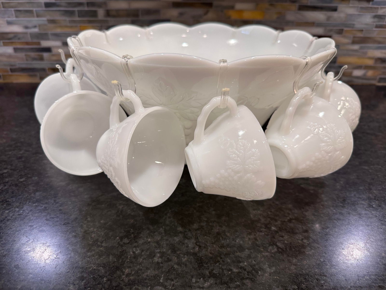 1960s Anchor Hocking Grape Vine Milk Glass Punch Bowl Set- 12 Pieces - 10