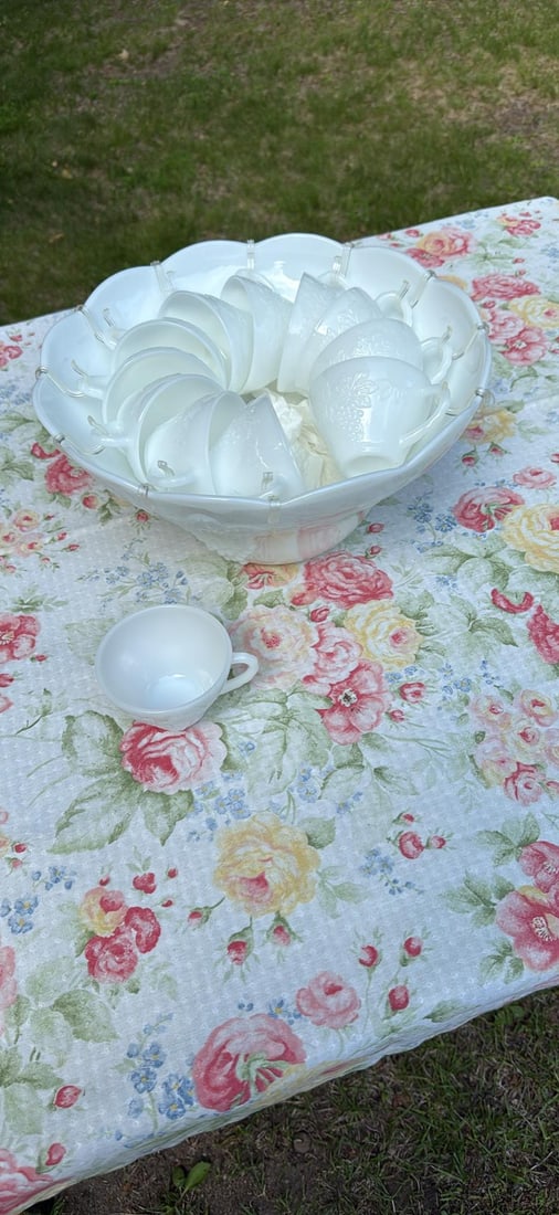 1960s Anchor Hocking Grape Vine Milk Glass Punch Bowl Set- 12 Pieces - 12