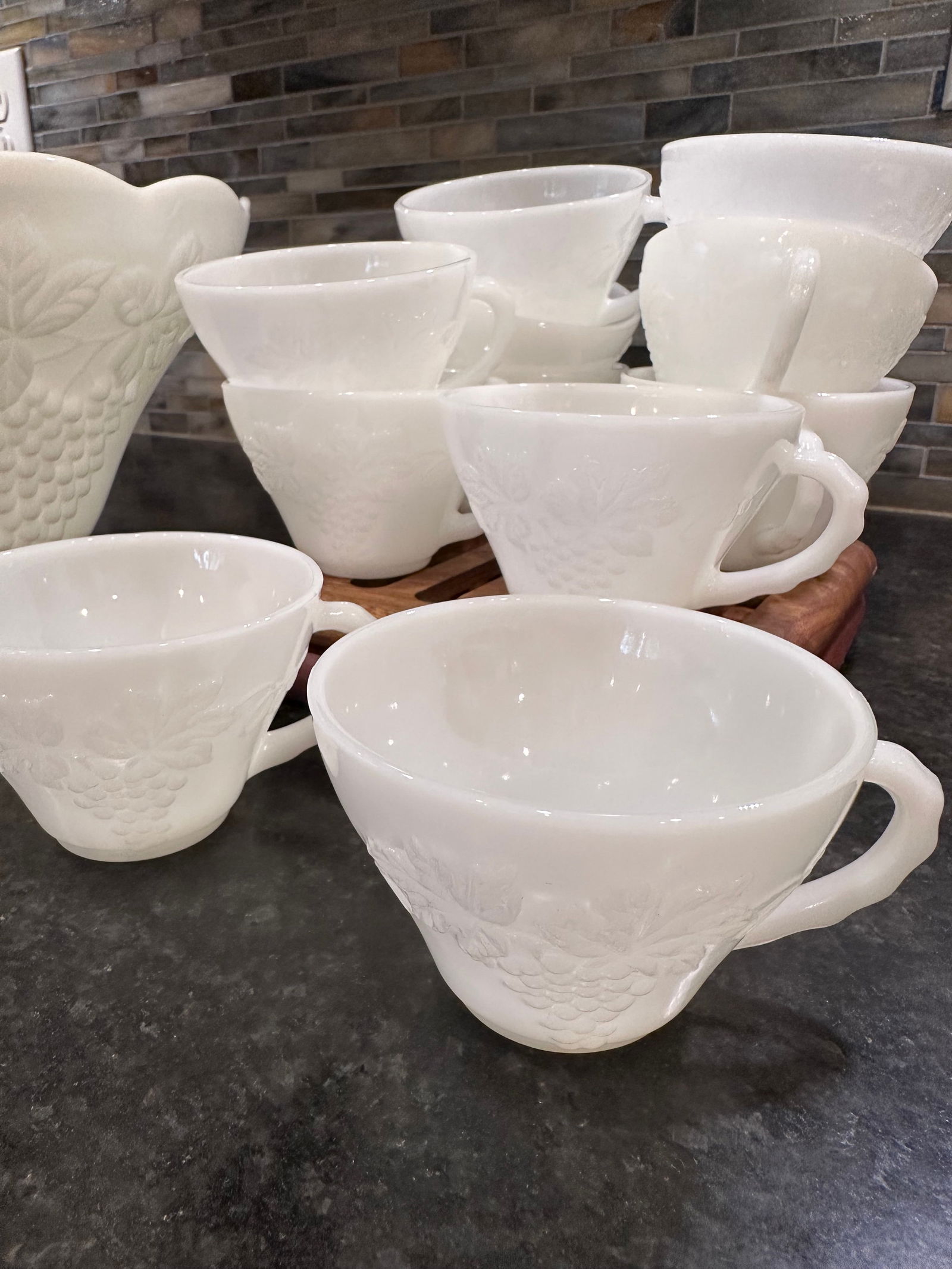 1960s Anchor Hocking Grape Vine Milk Glass Punch Bowl Set- 12 Pieces - 7