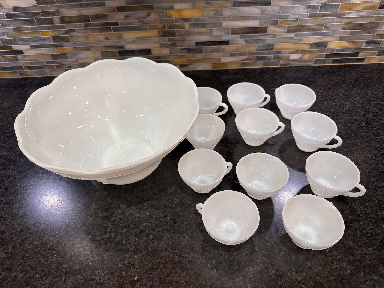 1960s Anchor Hocking Grape Vine Milk Glass Punch Bowl Set- 12 Pieces - 8