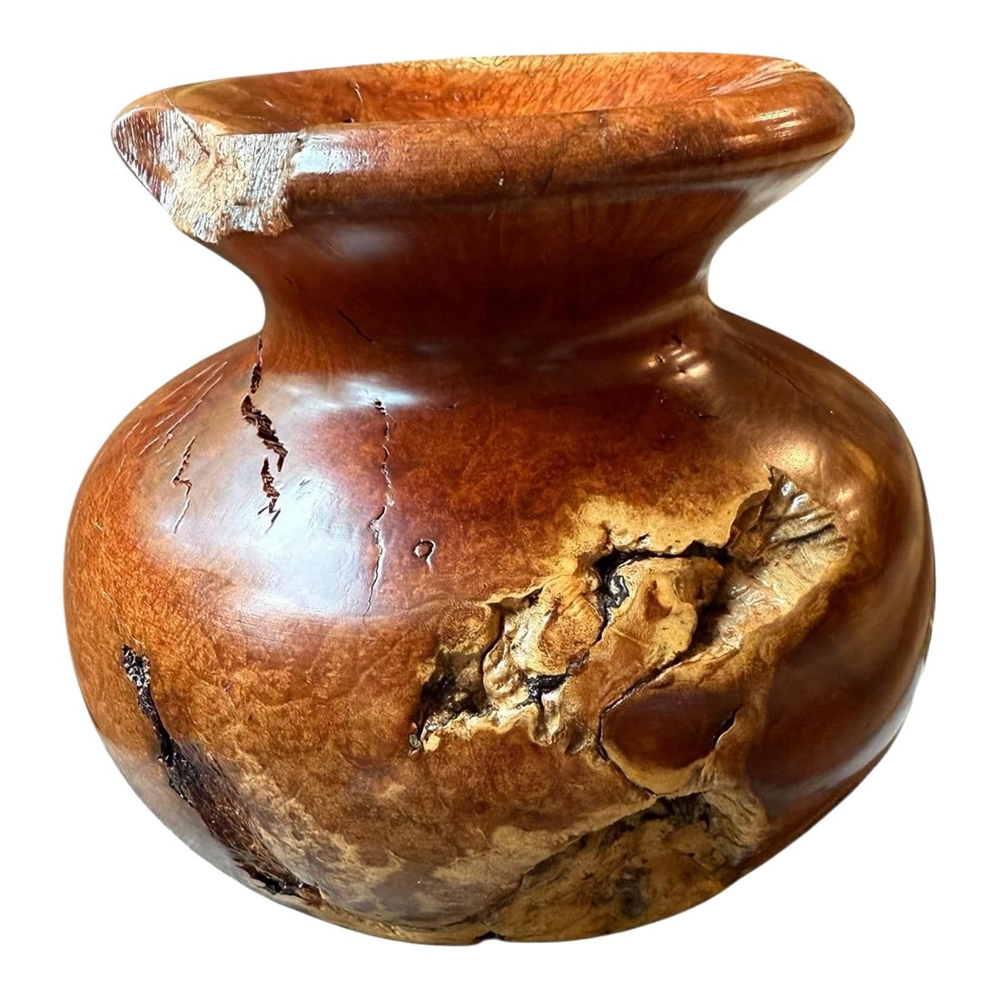 Vintage Burlwood Hand Turned Vase Brutalist Decor: An oddity of nature in the hands of an extremely skilled artisan has resulted in this unique piece of vintage art. Created from a very large tree burl, identified as Ambonya wood, the piece is an orga