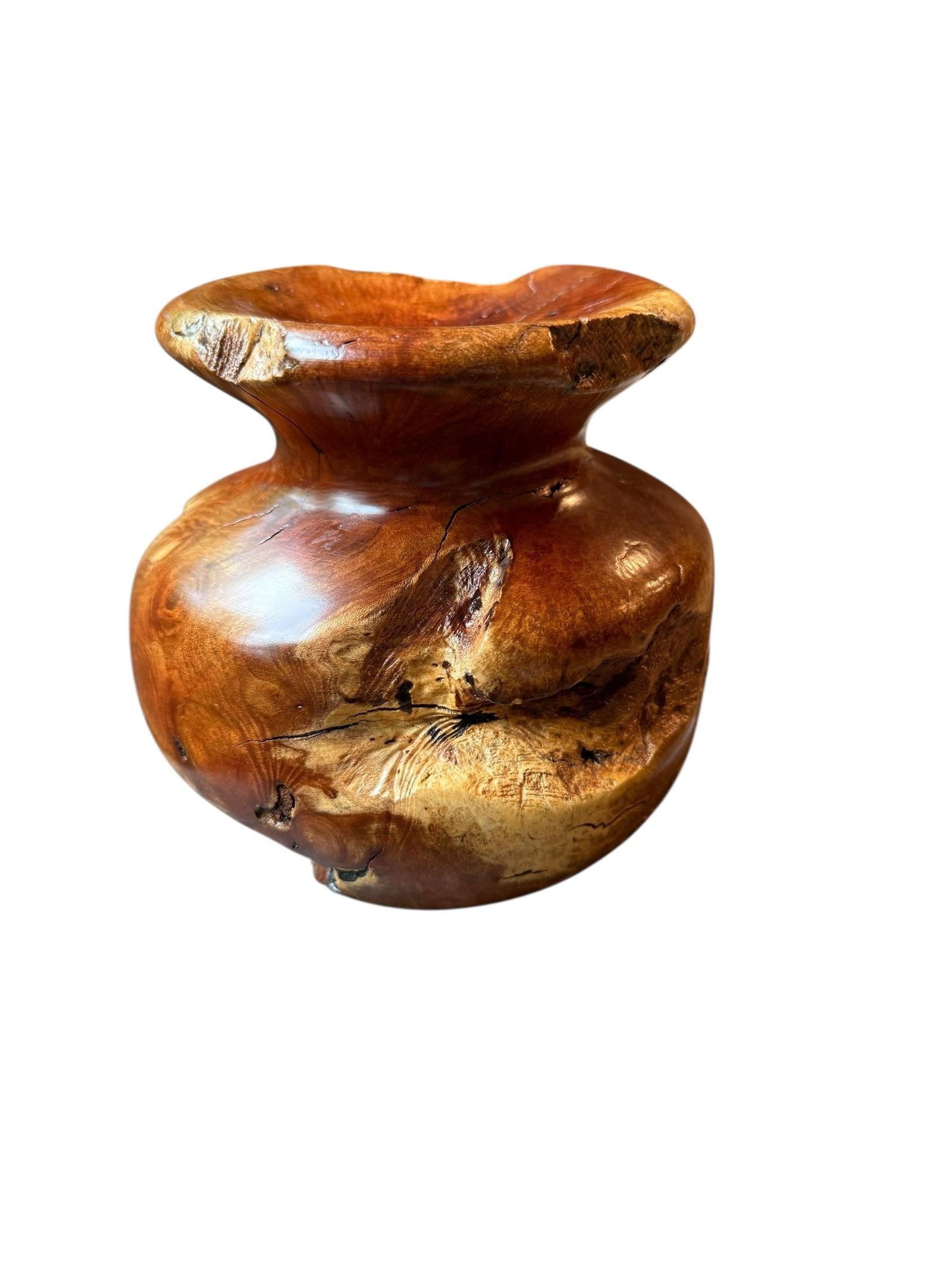 Vintage Burlwood Hand Turned Vase Brutalist Decor - 3
