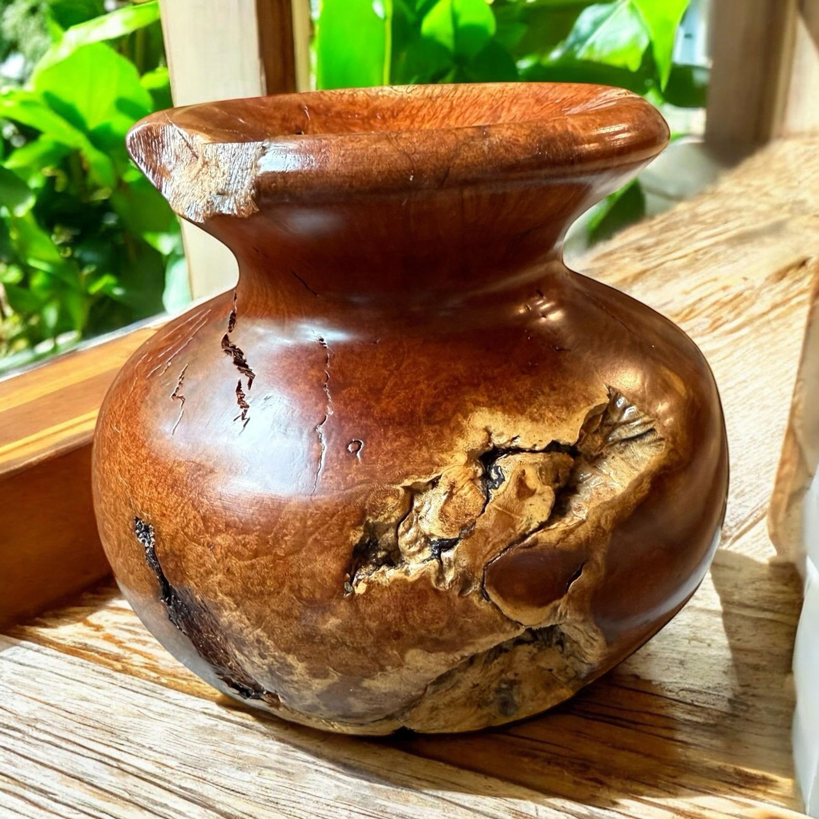 Vintage Burlwood Hand Turned Vase Brutalist Decor - 5