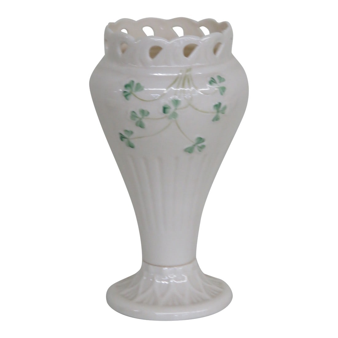 Belleek Ireland Porcelain Shamrock Tall Scalloped Vase 4395b: This gorgeous Vase is made of porcelain. This beautiful piece is stamped in brown stamp as being made by Belleek in Ireland. This lovely vase is made in the shamrock design, which features a scalloped