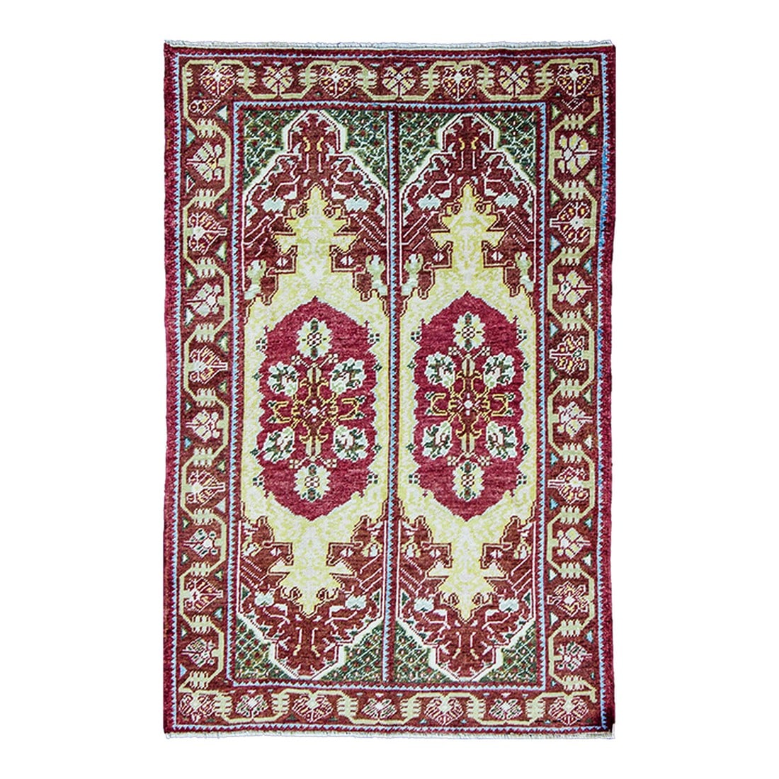 Antique Oushak Rug, Double Prayer: Step into the captivating allure of an antique Turkish Oushak rug, measuring a stunning 4'4" x 7' and dating back to the 1930s. This masterpiece boasts a double prayer design infused with vibrant