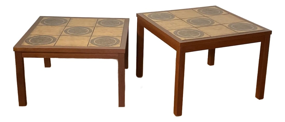 Pair of Danish Modern Tiled-Top Teak Square End Tables, Circa 1970s: Two vintage Danish Modern teak and insert tile-top side tables from Denmark. Gold, tan, and brown in color in circular patterns. One is taller than the other. Both in excellent vintage condition. MEAS