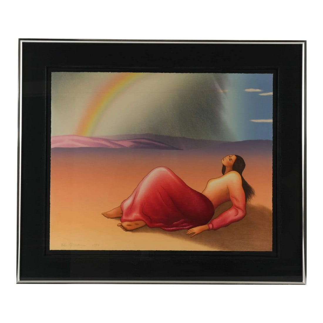 1990s Framed Signed r.c. Gorman Limited-Edition "Rainbow" Lithograph: this Framed Signed R.C. Gorman Limited-Edition "Rainbow" Lithograph captures a serene moment of repose as a woman reclines gracefully on desert sands, her face turned upward in quiet reflection. Rende