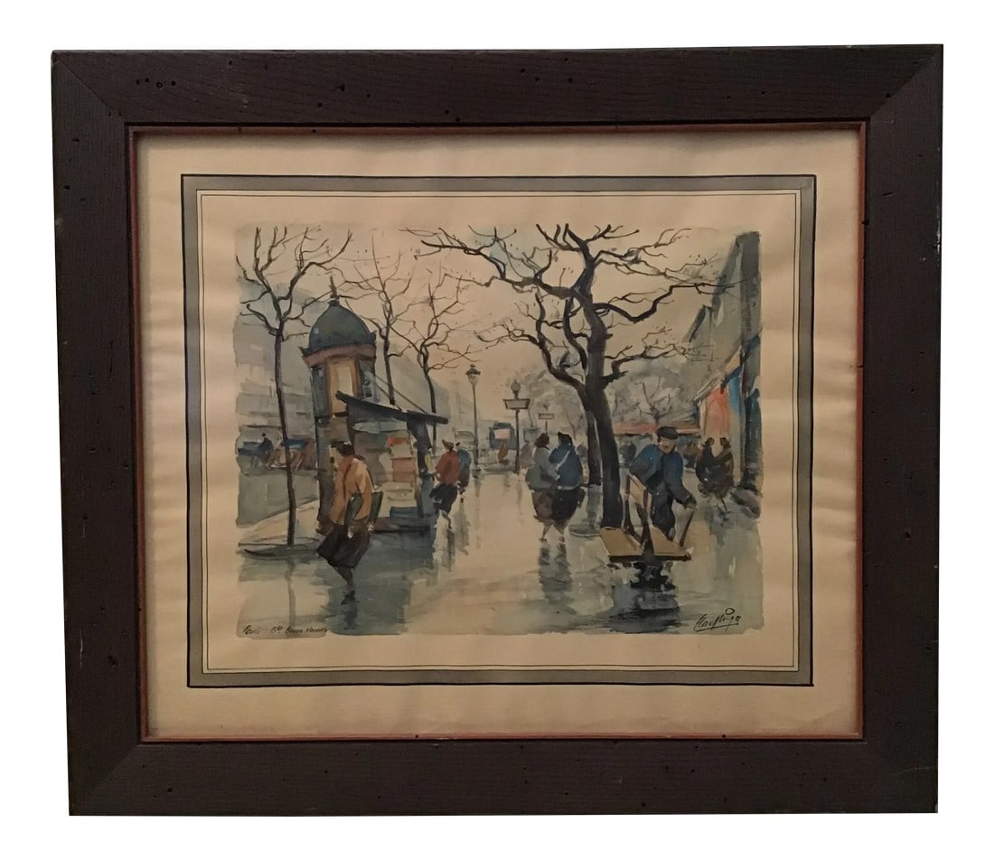 Vintage Paris Boulevard Bonne Nouvelle Watercolor Painting: Original vintage watercolor painting on fine art paper. Framed under satin glass and looks to be original wood frame. The work is signed by artist in lower right corner (unable to read) and signed aga