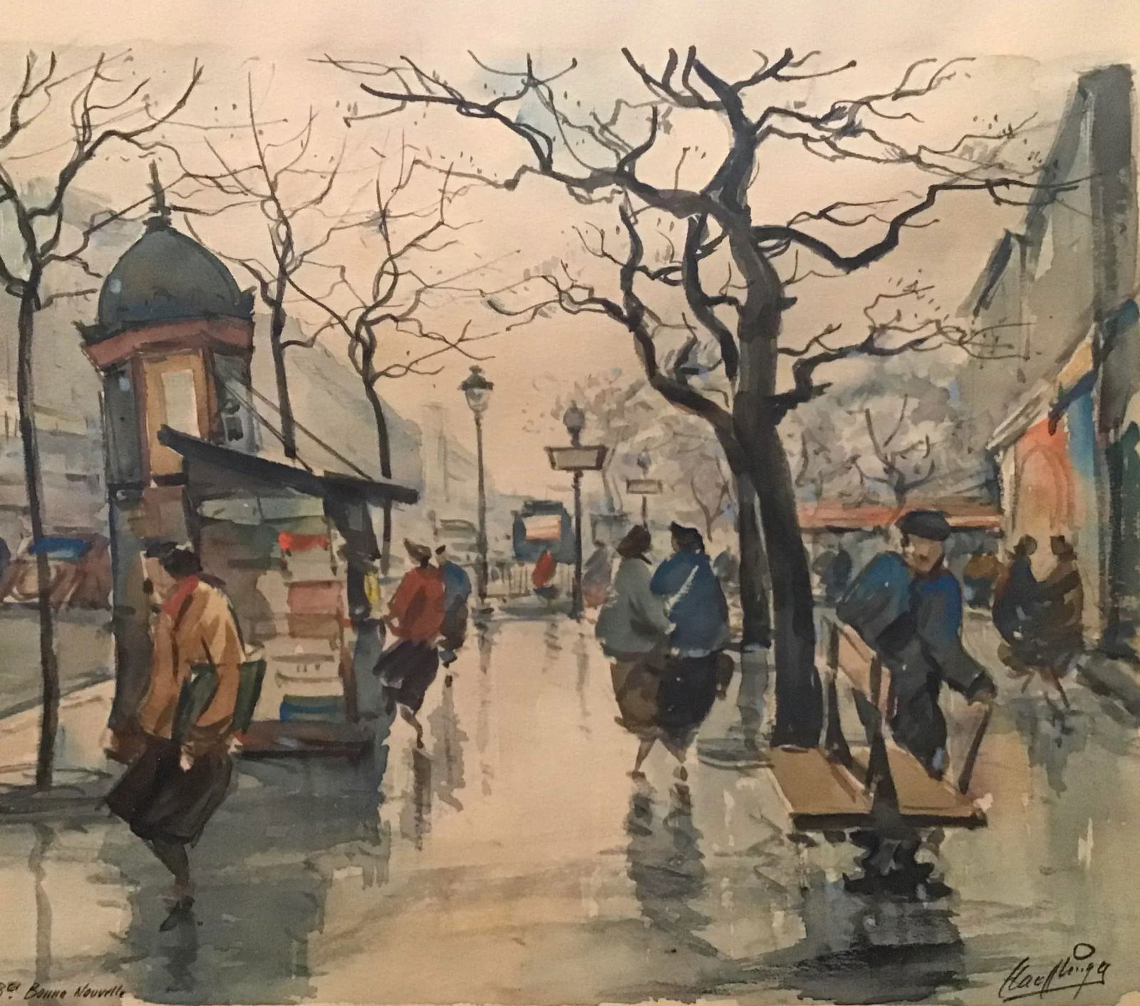Vintage Paris Boulevard Bonne Nouvelle Watercolor Painting - 3