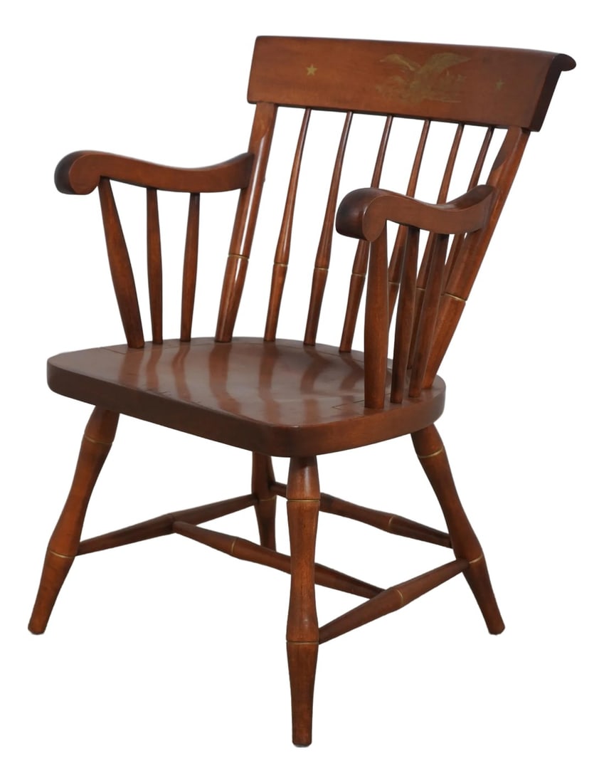 Nichols & Stone Hitchcock Style Armchair: Age: Approx: 30 Years Old Details: Solid Maple Hitchcock Stencil Design Back of Eagle Condition: Excellent Condition - Minor Signs Of Light Household Use-Age Size: 23w x 20d x 33.5h Arm height: 27.5 S