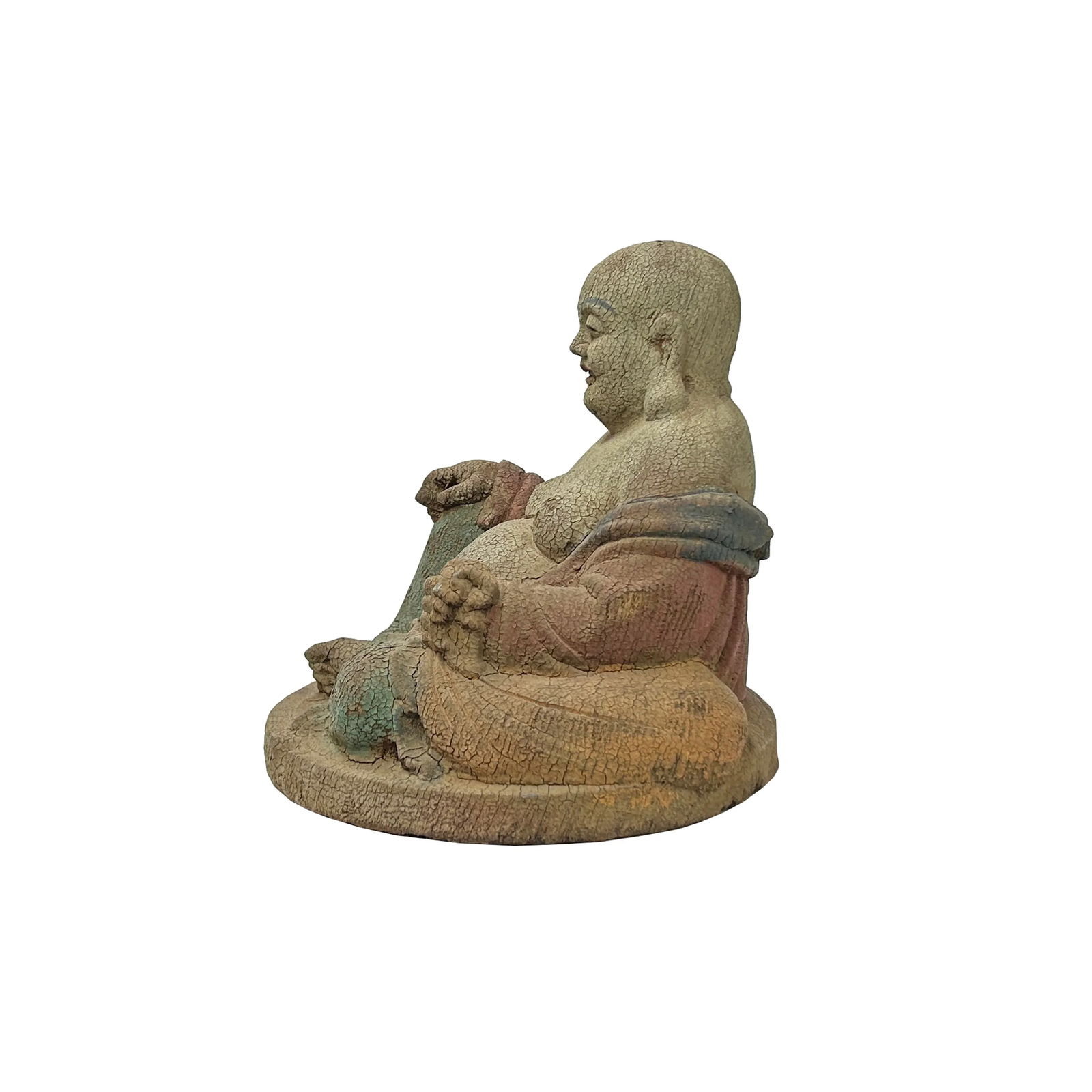 Fade Color Rustic Wood Sitting Happy Laughing Buddha Statue - 3