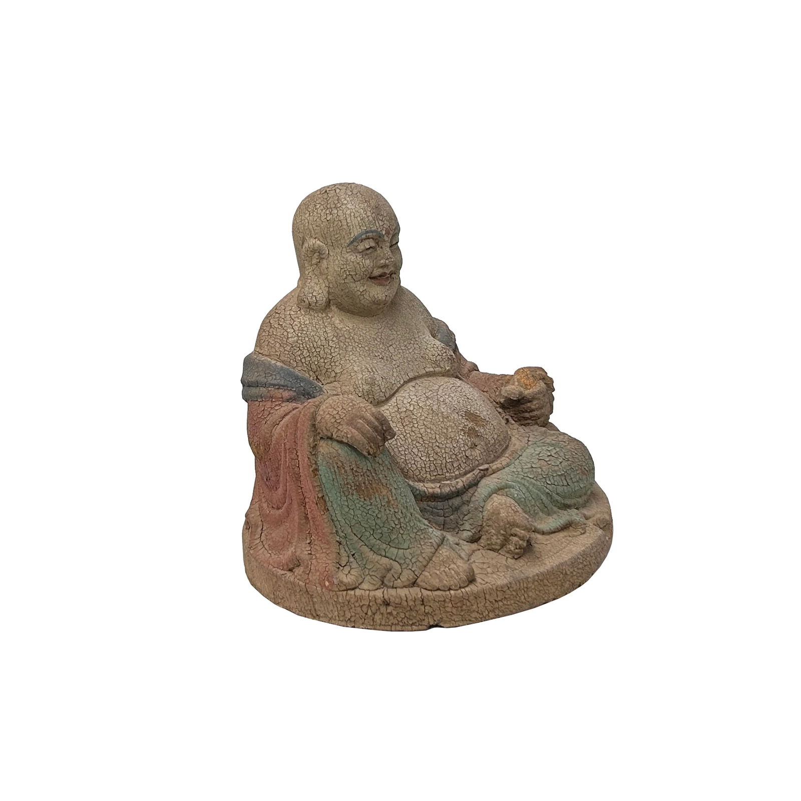 Fade Color Rustic Wood Sitting Happy Laughing Buddha Statue - 4