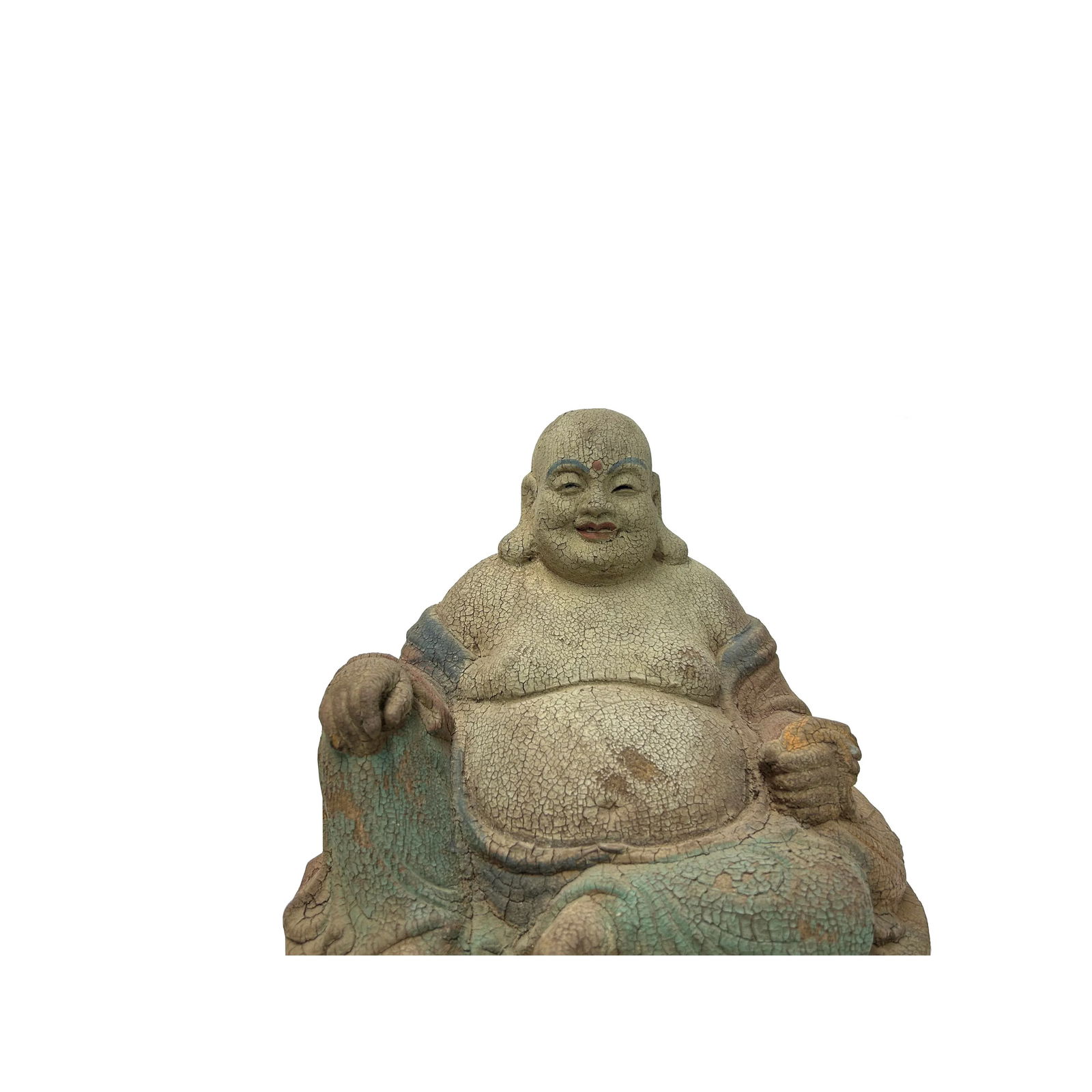 Fade Color Rustic Wood Sitting Happy Laughing Buddha Statue - 5
