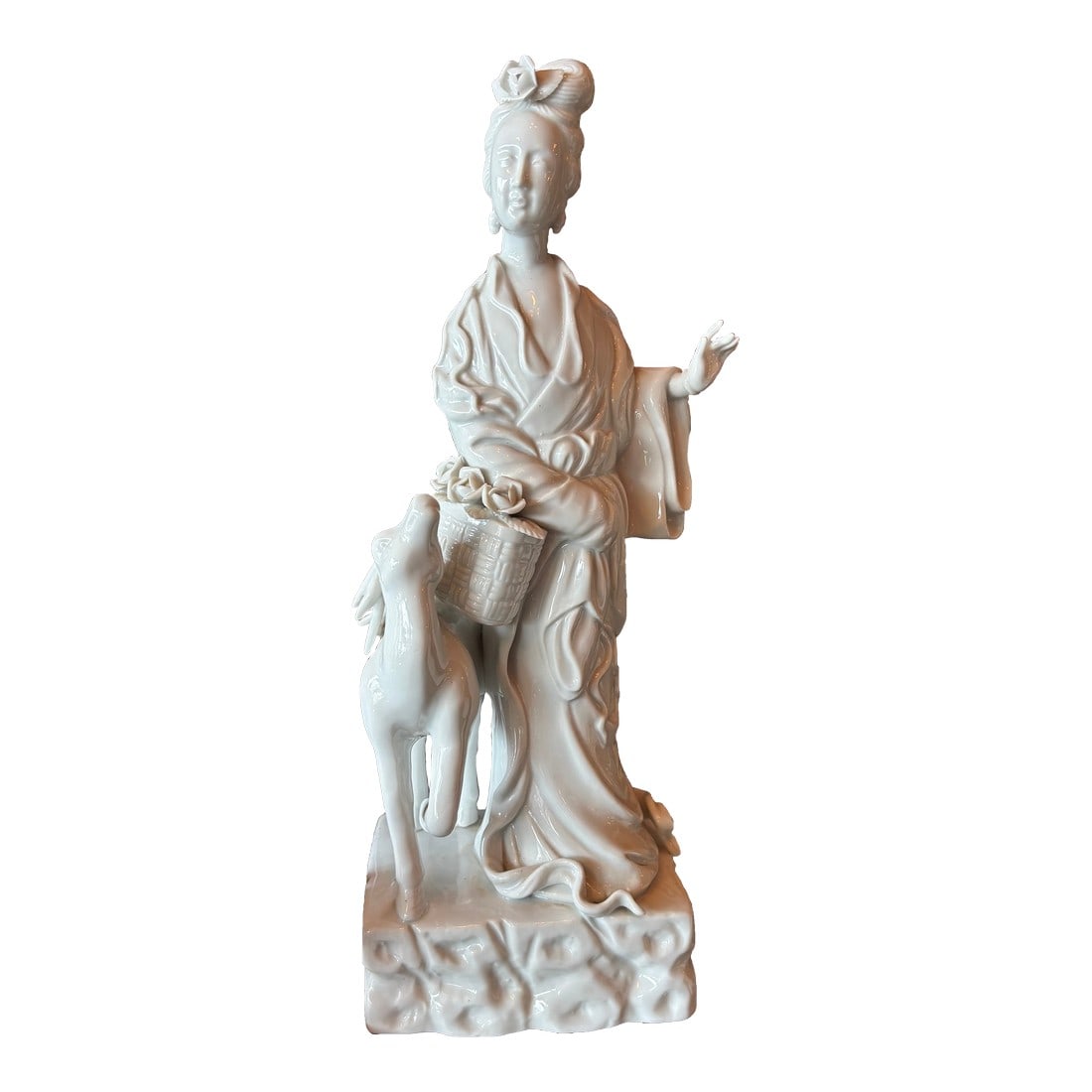1970s Chinese Porcelain Blanc De Chine: Porcelain Blanc De Chine Magu & Deer Figurine in a White Porcelain . Condition: Alterations: Original Condition Unaltered Imperfections: Some Imperfections Condition Notes: Good Shape Dimensions: 