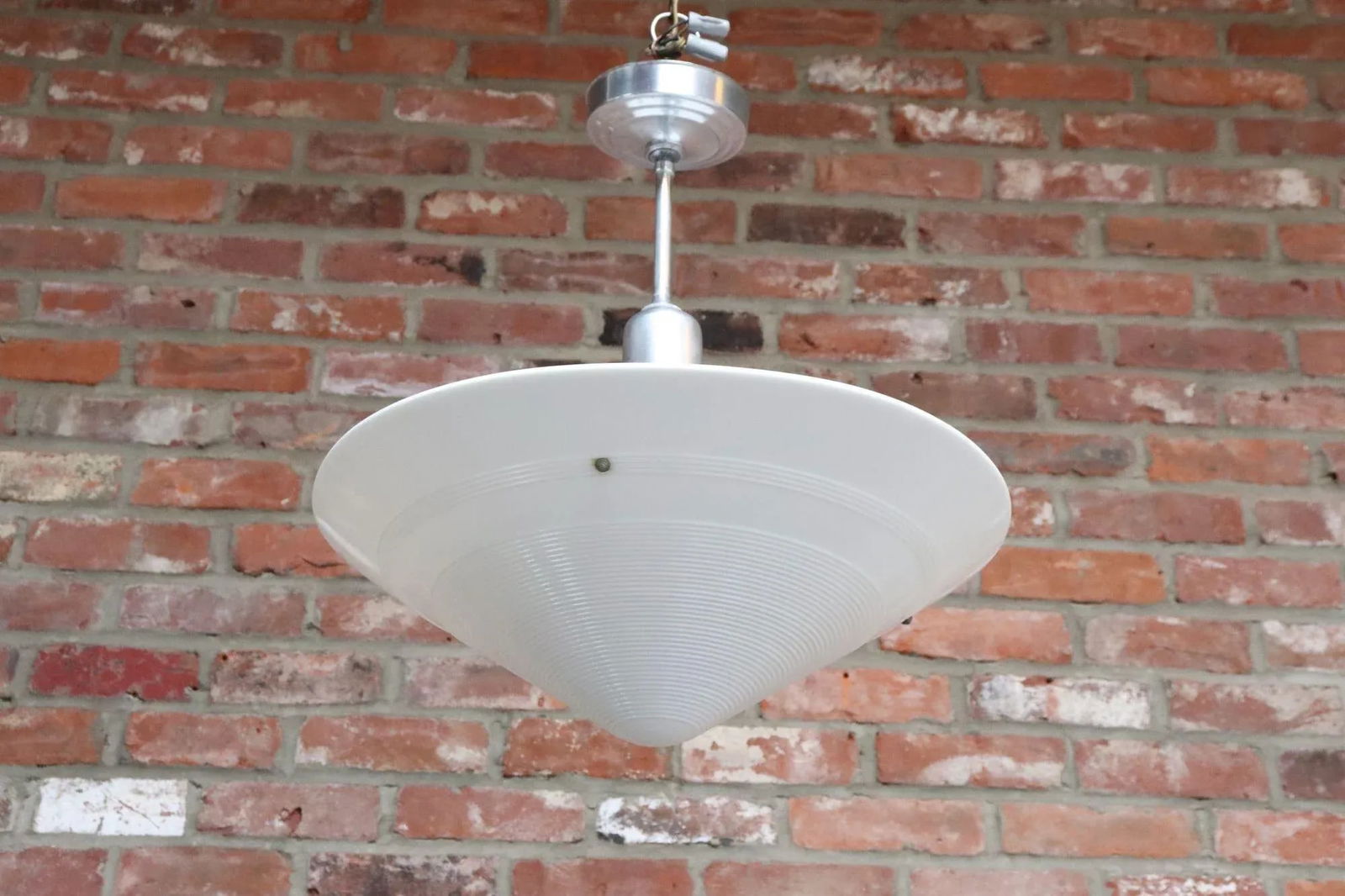 Art Deco Milk Glass Conical Pendant Ceiling Fixture With Concentric Circle Motif - 2