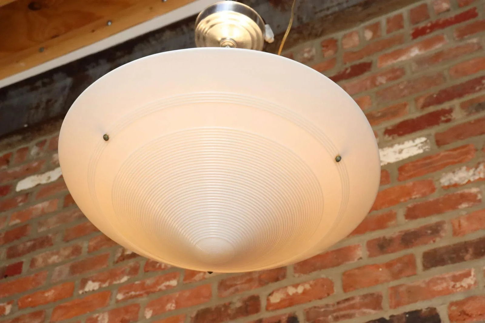 Art Deco Milk Glass Conical Pendant Ceiling Fixture With Concentric Circle Motif - 3