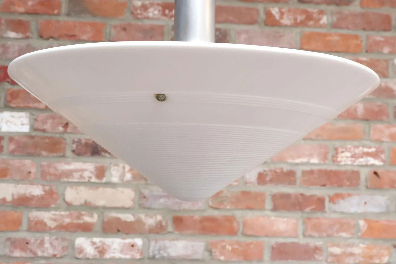 Art Deco Milk Glass Conical Pendant Ceiling Fixture With Concentric Circle Motif - 5