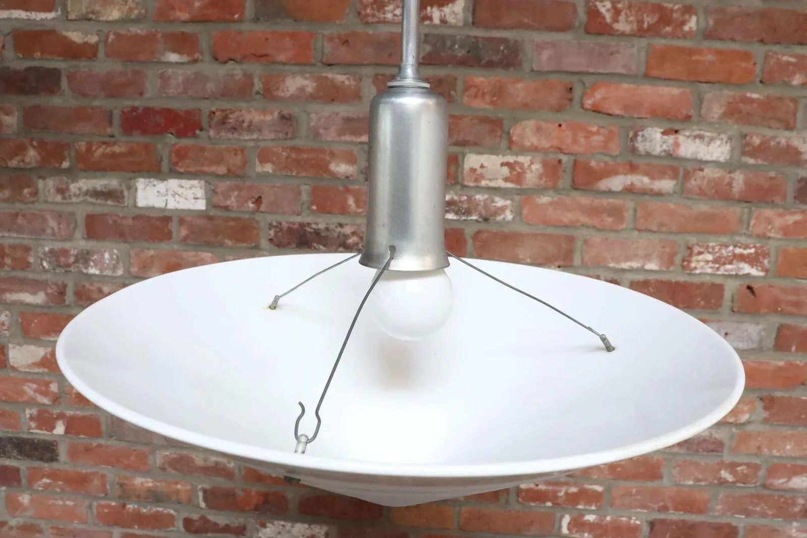 Art Deco Milk Glass Conical Pendant Ceiling Fixture With Concentric Circle Motif - 8