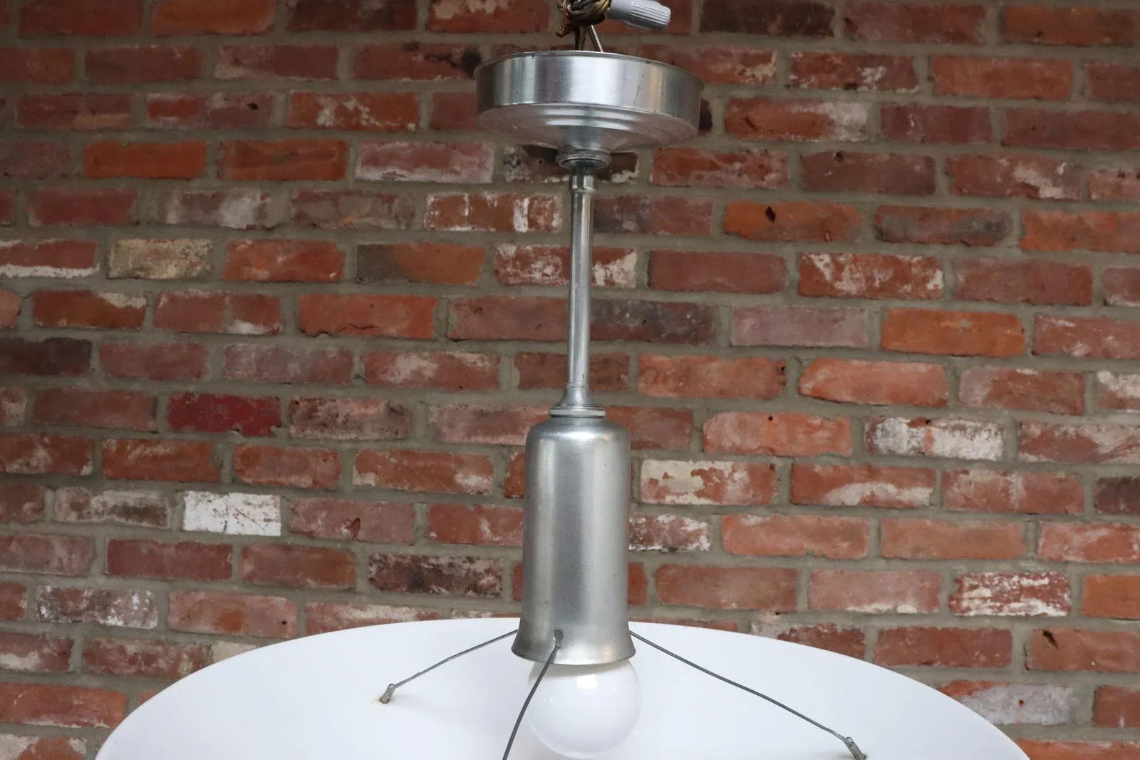 Art Deco Milk Glass Conical Pendant Ceiling Fixture With Concentric Circle Motif - 9