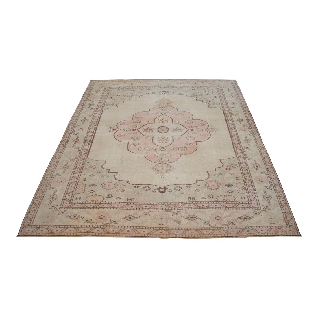 Low Pile Area Rug Hand Knotted Soft Colors Oushak Medallion Rug - 5'7'' X 6'8'': Bring a piece of timeless history and authentic craftsmanship into your home with this exceptional vintage hand-knotted Turkish rug. Hailing from the renowned weaving traditions of the Oushak region a