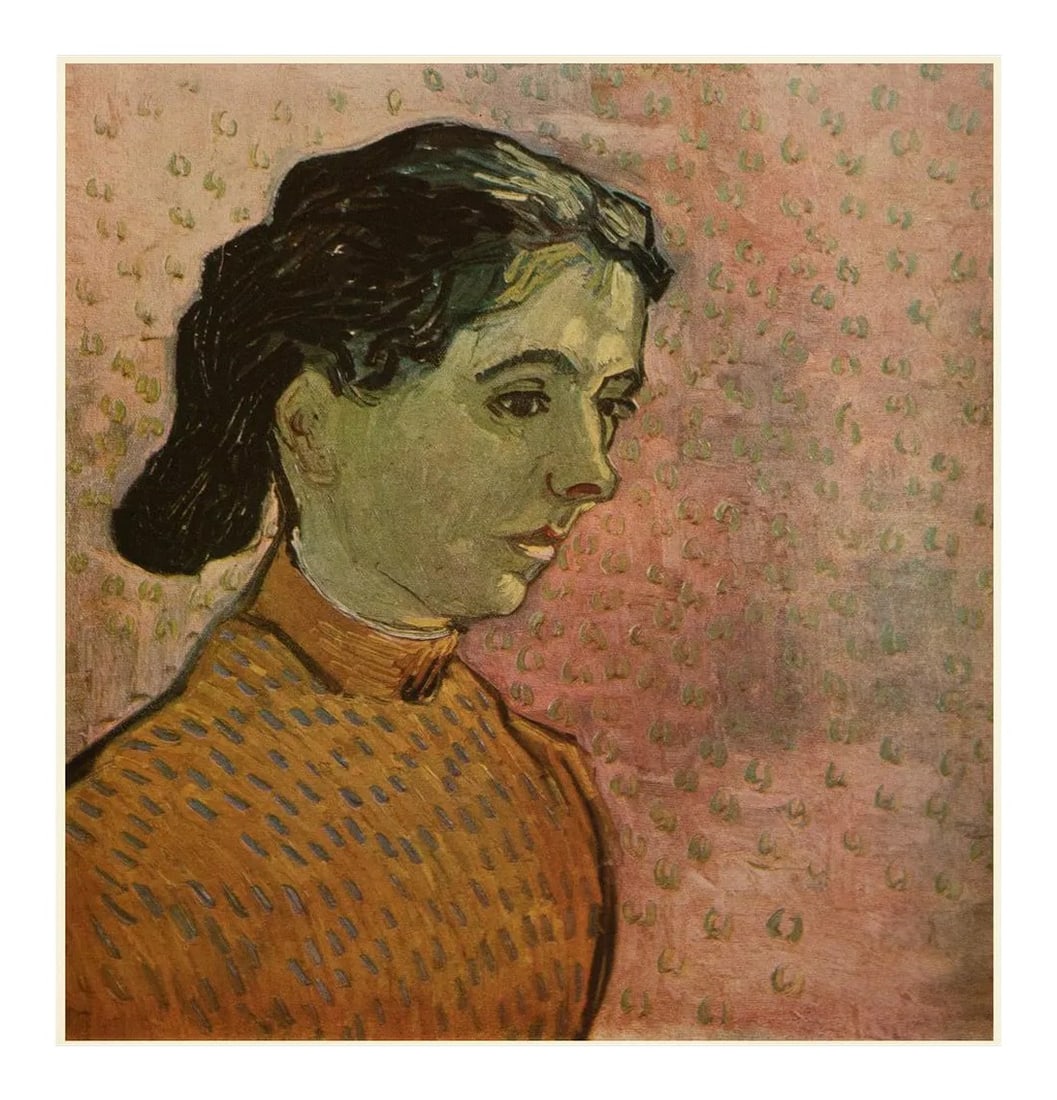 1947 After Van Gogh "Portrait of Young Girl on Pink Background", First Edition Parisian Print: A lovely First Edition Post-Impressionist full-color print of Portrait of Young Girl on Pink Background (1888) by Vincent Van Gogh. Comes from a rare First Limited Edition folio published by Editions