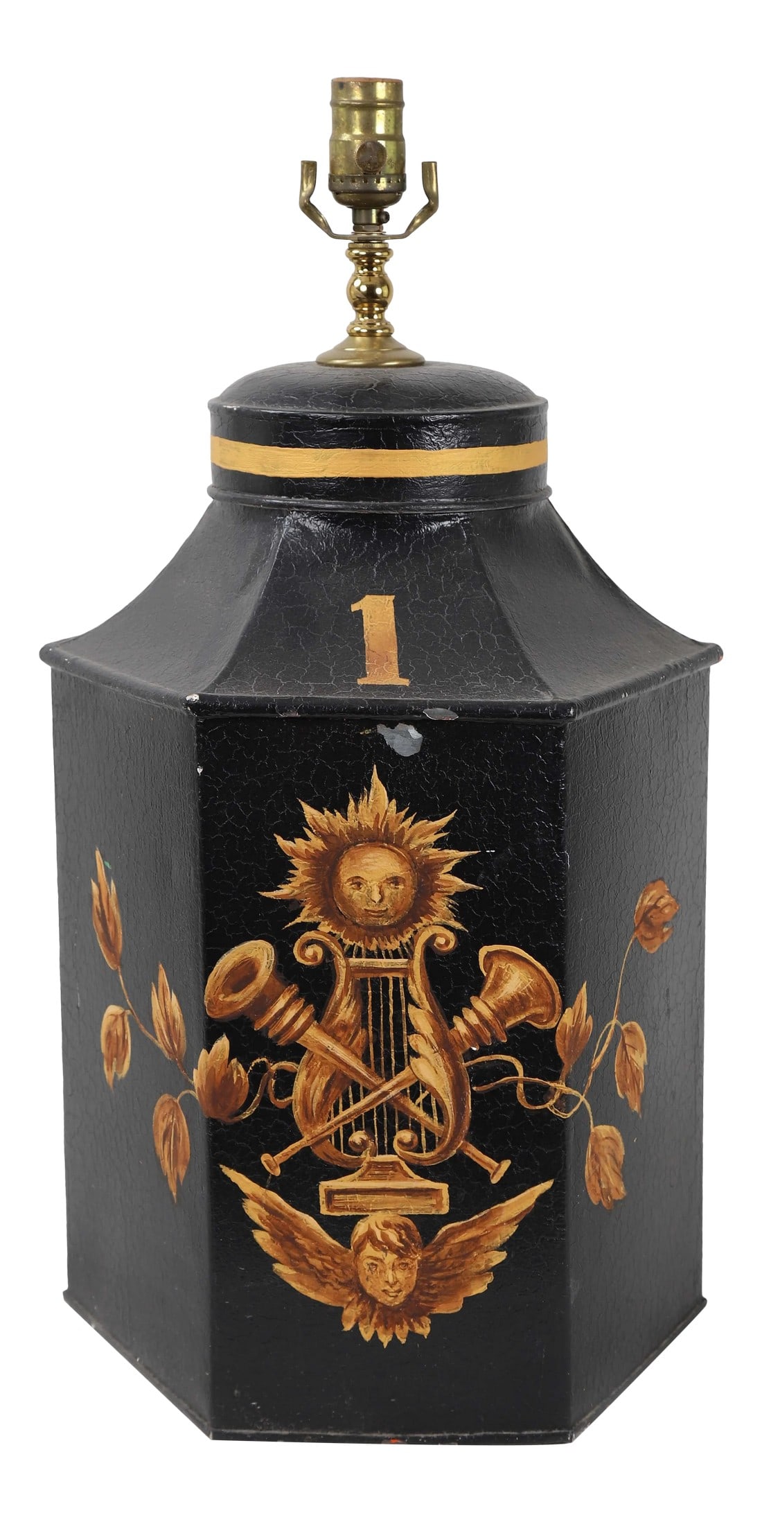 1970s Hexagonal Tole English Tea Caddy Lamp No.1 Sun & Musical Instruments (1 of 7)
