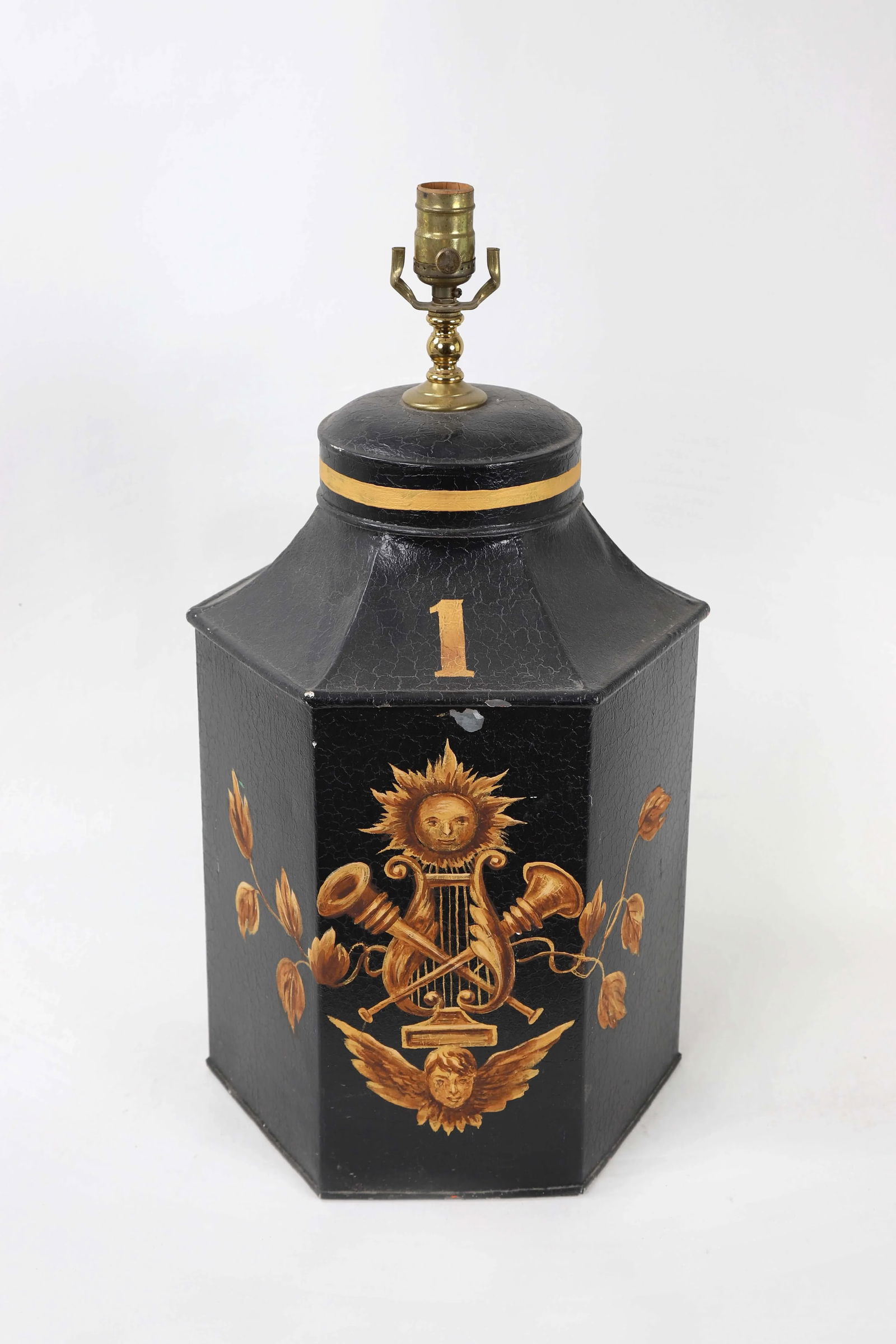 1970s Hexagonal Tole English Tea Caddy Lamp No.1 Sun & Musical Instruments - 2