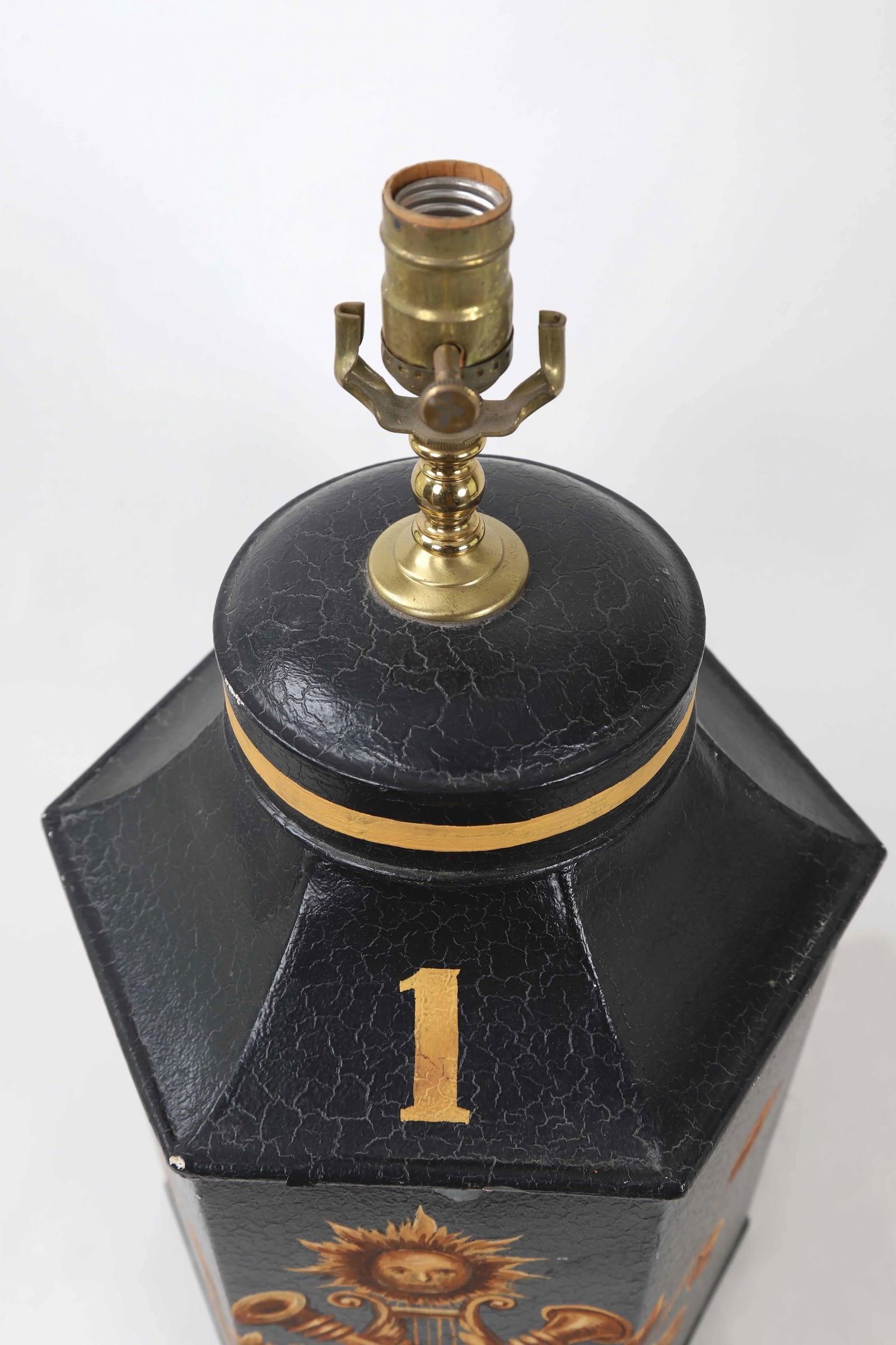1970s Hexagonal Tole English Tea Caddy Lamp No.1 Sun & Musical Instruments - 3