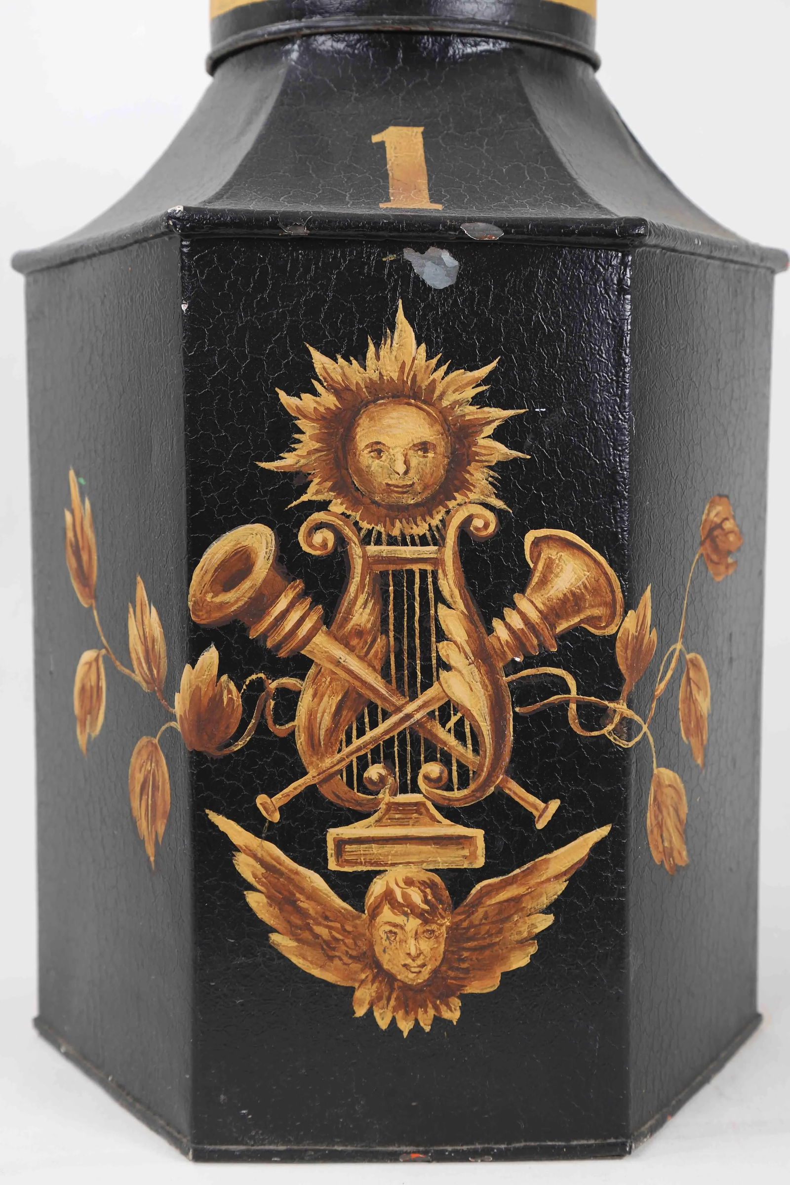 1970s Hexagonal Tole English Tea Caddy Lamp No.1 Sun & Musical Instruments - 4