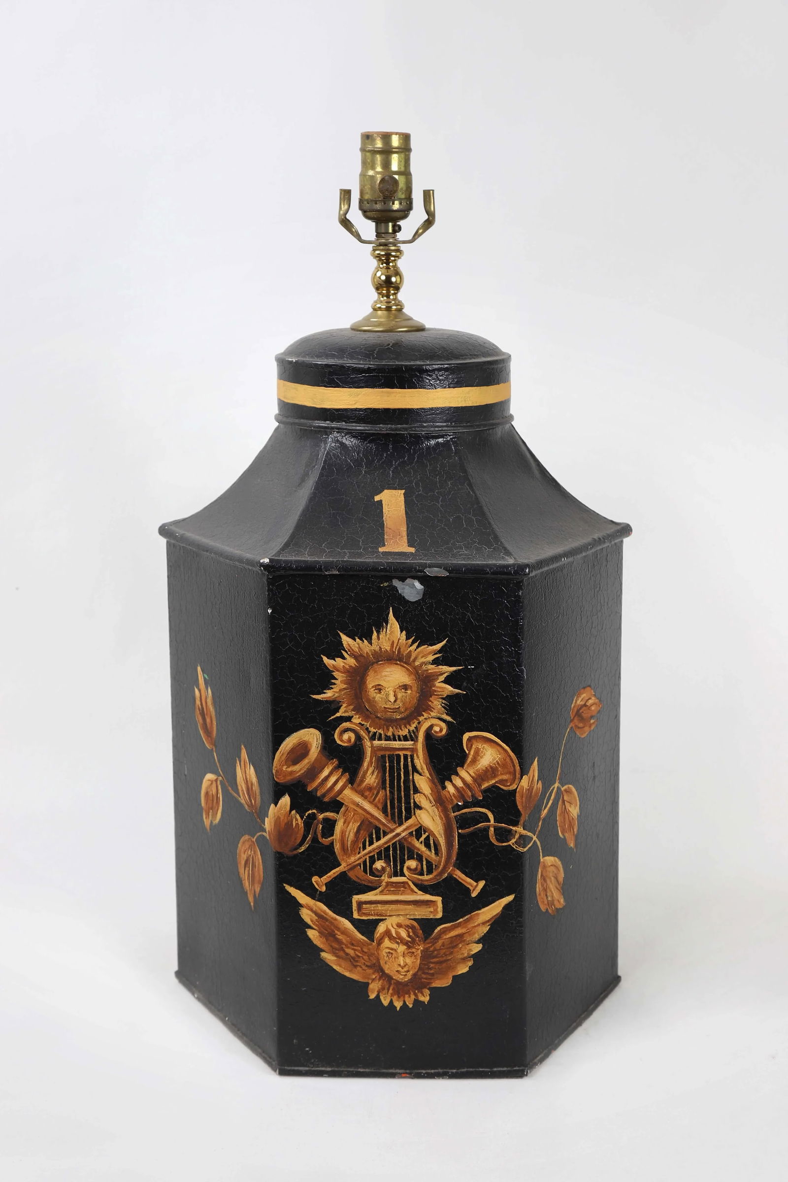 1970s Hexagonal Tole English Tea Caddy Lamp No.1 Sun & Musical Instruments - 7