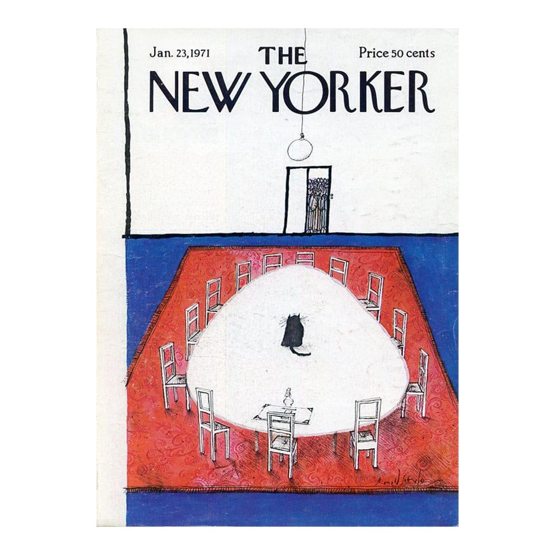1971 Vintage New Yorker Cover, January 23 (Ronald Searle), Original New Yorker Magazine Cover, Busin: Original vintage New Yorker magazine cover dated January 23, 1971 featuring a Business and Cats theme. Based on an illustration by Ronald Searle (1920-2011). This is an authentic New Yorker magazine c