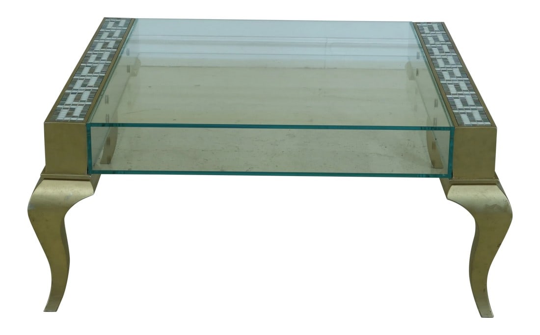Selva Hollywood Regency Modern Design Coffee Table: Approx: 15 Years Old Quality Construction Large Impressive Table Gold Painted Base Double Glass Top Inlaid Tile Trim Condition: Excellent Original Finish & Condition Few Minor Rubs To Legs Minor Surfa