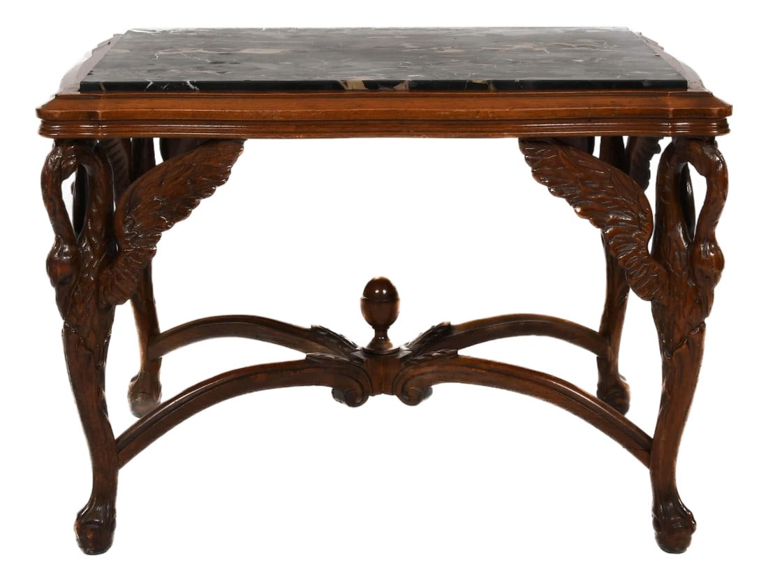 1920s Antique Walnut and Marble Top Side Table With Carved Swan Motifs (1 of 7)