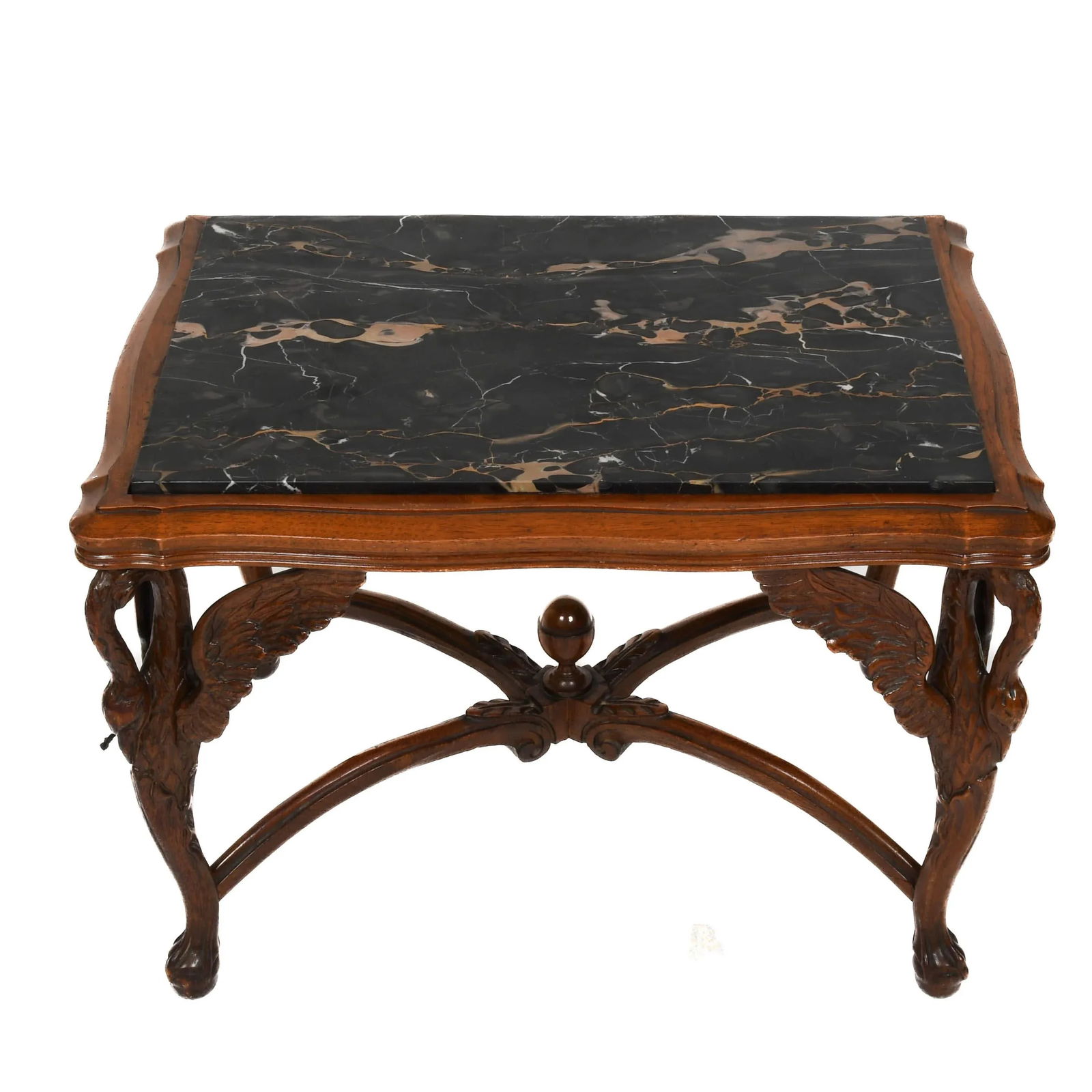 1920s Antique Walnut and Marble Top Side Table With Carved Swan Motifs - 2