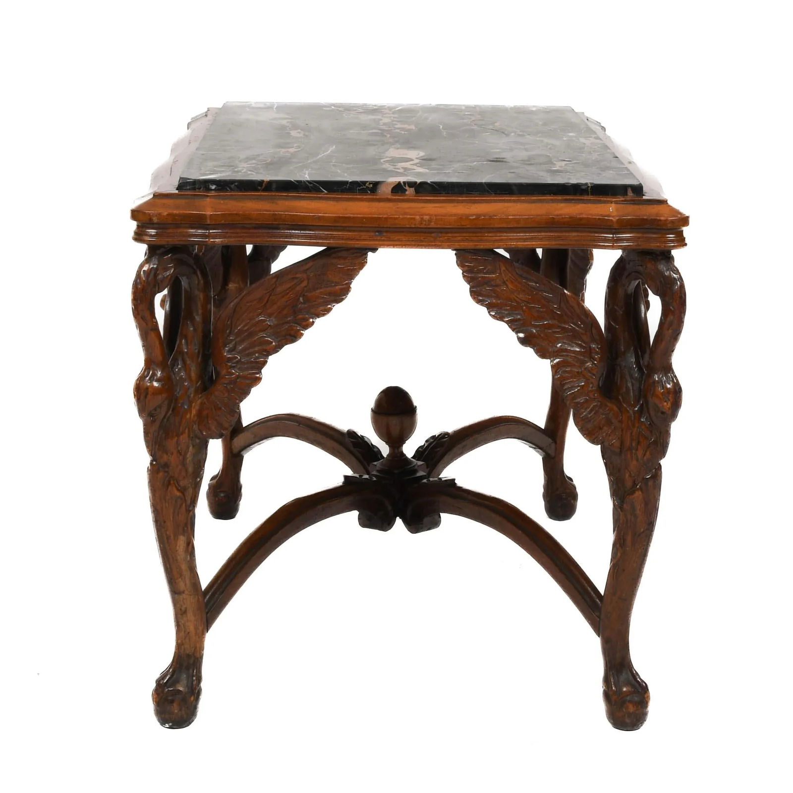 1920s Antique Walnut and Marble Top Side Table With Carved Swan Motifs - 5