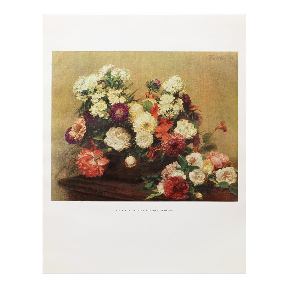 1950s After Henri Fantin-Latour "Flowers", First Edition Swiss Full-Color Print: A rare vintage full-color print of Impressionist painting "Flowers" by Henri Fantin-Latour from a First Edition art folio of The Albert D. Lasker Collection. Printed in Switzerland in the 1950s,
