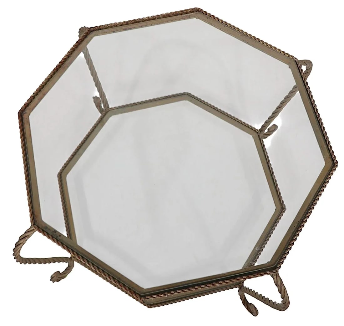 Octagonal Two Tier Rope Twist Wrought Iron and Glass Coffee Table C. 1950/70's - 4