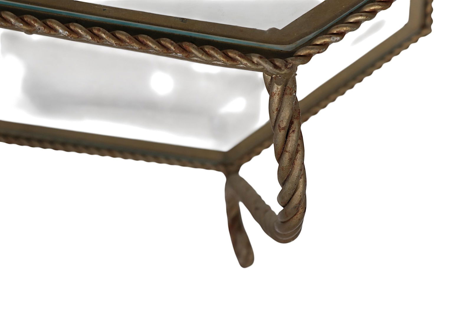 Octagonal Two Tier Rope Twist Wrought Iron and Glass Coffee Table C. 1950/70's - 6