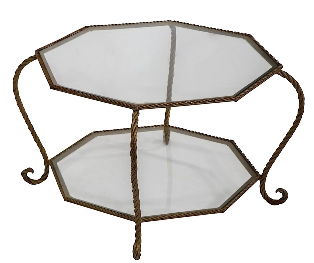 Octagonal Two Tier Rope Twist Wrought Iron and Glass Coffee Table C. 1950/70's - 8