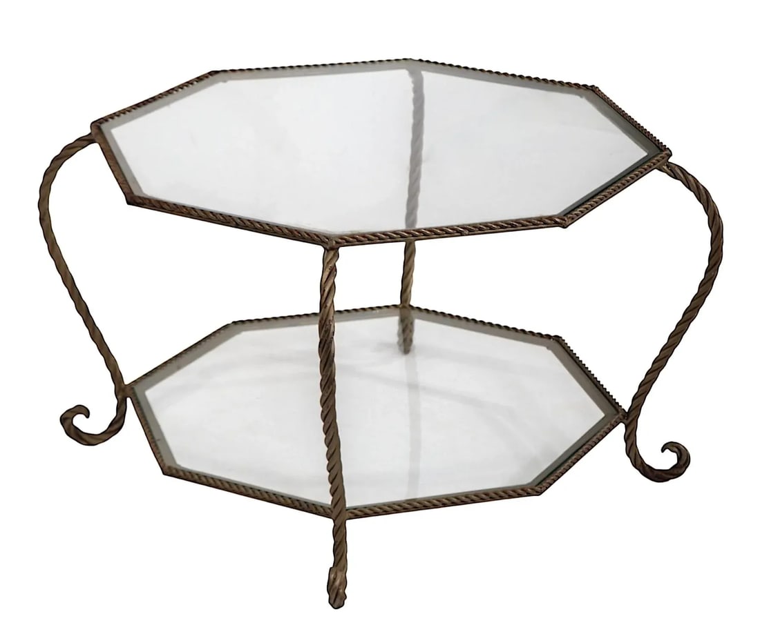 Octagonal Two Tier Rope Twist Wrought Iron and Glass Coffee Table C. 1950/70's - 9