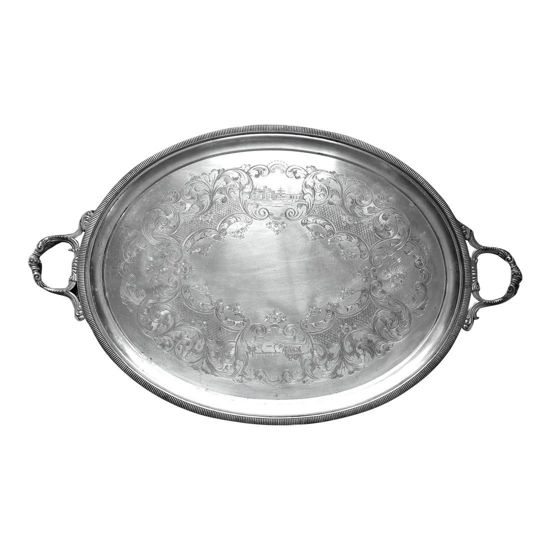 Huge Silver Plated Tray Marked "Rogers Smith & Co., New Haven, Conn.", Probably 1800s: It measures about 18.5 inches by 23.5/or/29 inches (depending on whether you include the handles in the measurement. It weighs a little over 8 pounds. I find the name of the maker on the back,.