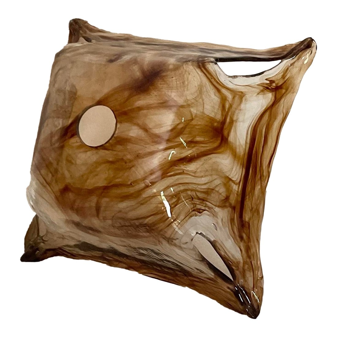 Vintage MCM Hand Blown Glass Attributed Murano Clear Brown Swirl Square Shade Light Pendant: Mid Century Modern, vintage decorative glass art lampshade. Features square hand blown brown/amber swirl - colored glass, opening at the top to fit over a light fixture and open slits on the sides.