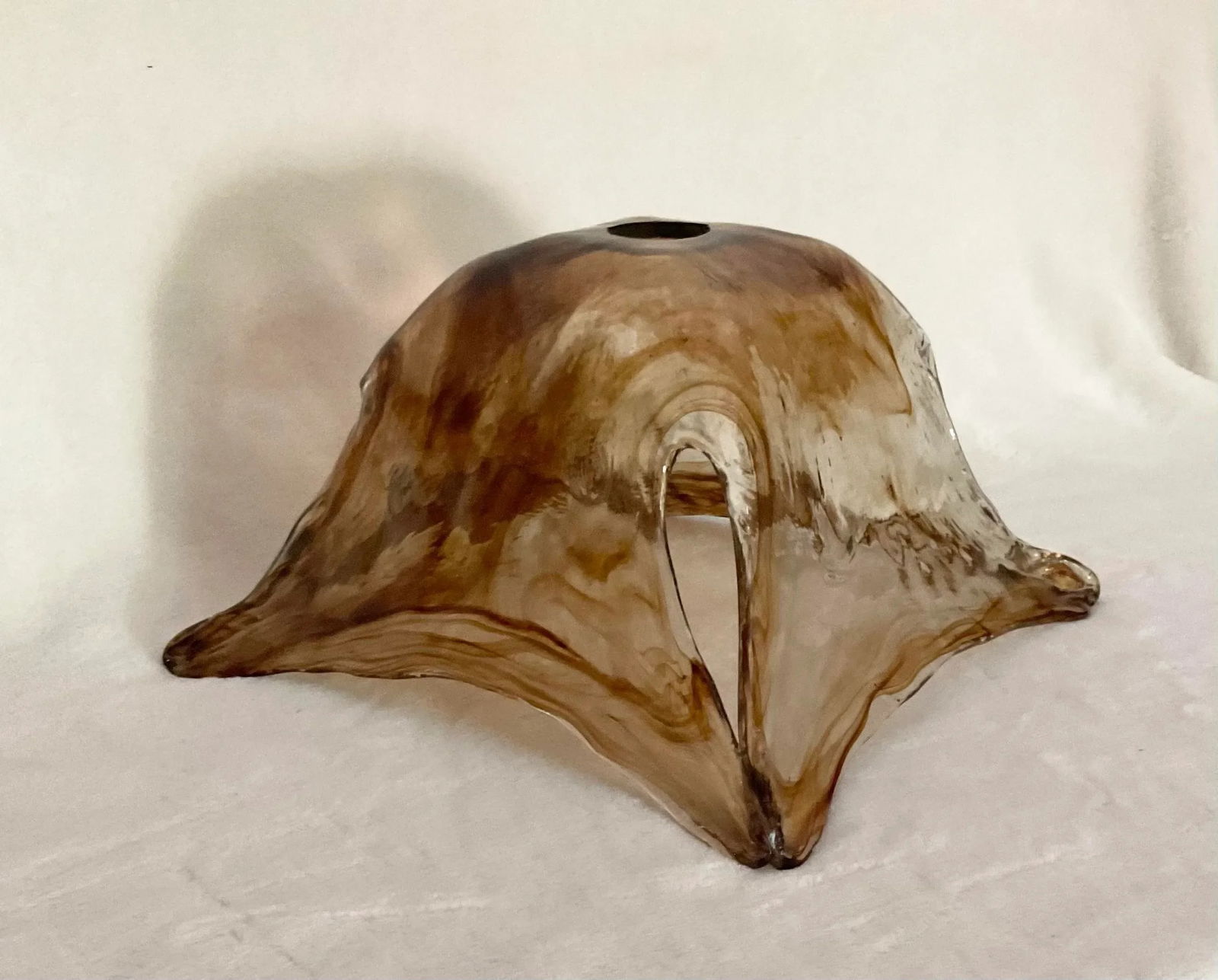 Vintage MCM Hand Blown Glass Attributed Murano Clear Brown Swirl Square Shade Light Pendant - 3