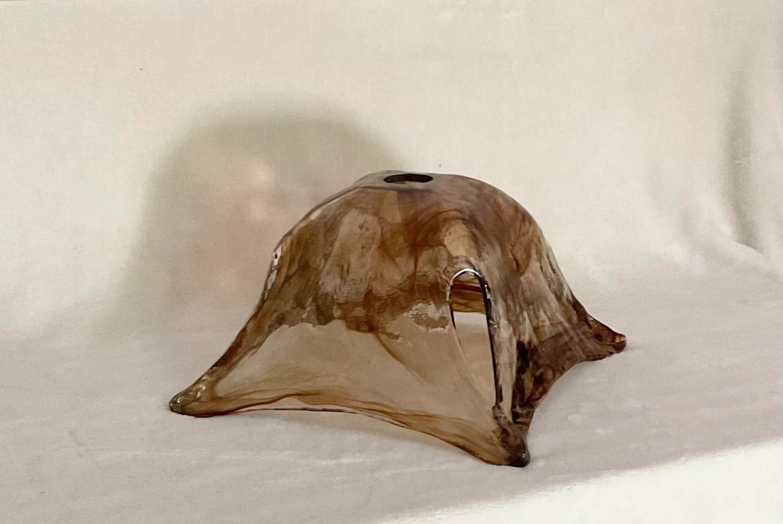 Vintage MCM Hand Blown Glass Attributed Murano Clear Brown Swirl Square Shade Light Pendant - 4