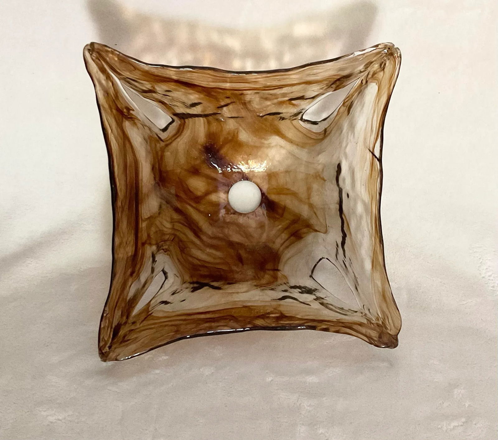 Vintage MCM Hand Blown Glass Attributed Murano Clear Brown Swirl Square Shade Light Pendant - 5
