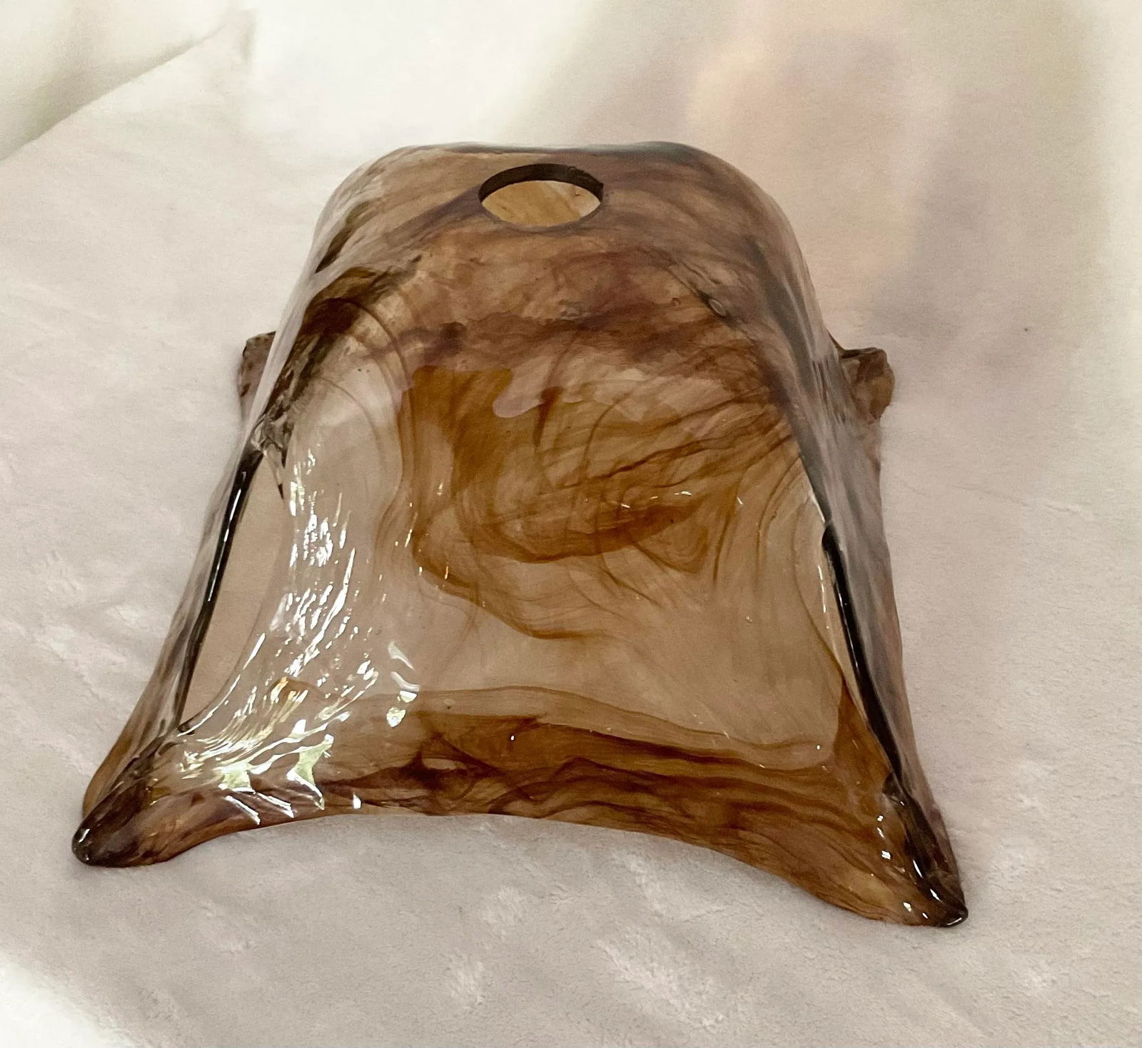 Vintage MCM Hand Blown Glass Attributed Murano Clear Brown Swirl Square Shade Light Pendant - 6
