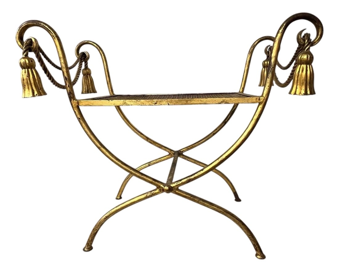 Vintage Italian Hollywood Regency Gokd Gilt Metal Tassel Accent Bench Footstool: Vintage Italian hollywood regency gold gilt metal bench. Some wear to gold finish as seen in pictures. Measures 29" w x 17" d x 24" h. Sits sturdy. Condition: Alterations:
