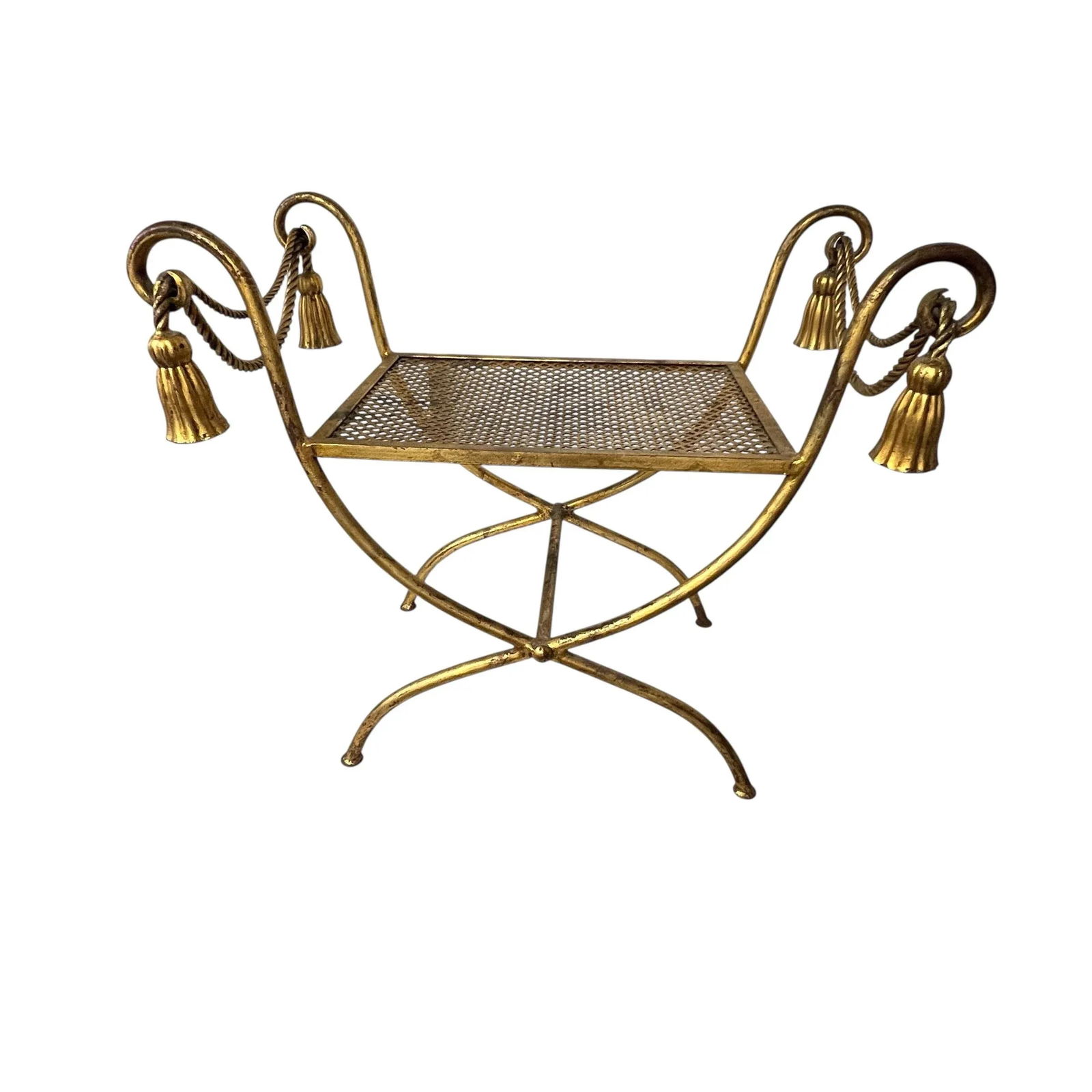Vintage Italian Hollywood Regency Gokd Gilt Metal Tassel Accent Bench Footstool - 2